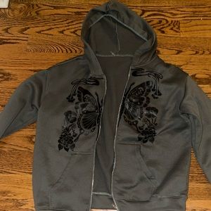 dark gray butterfly print zip up hoodie